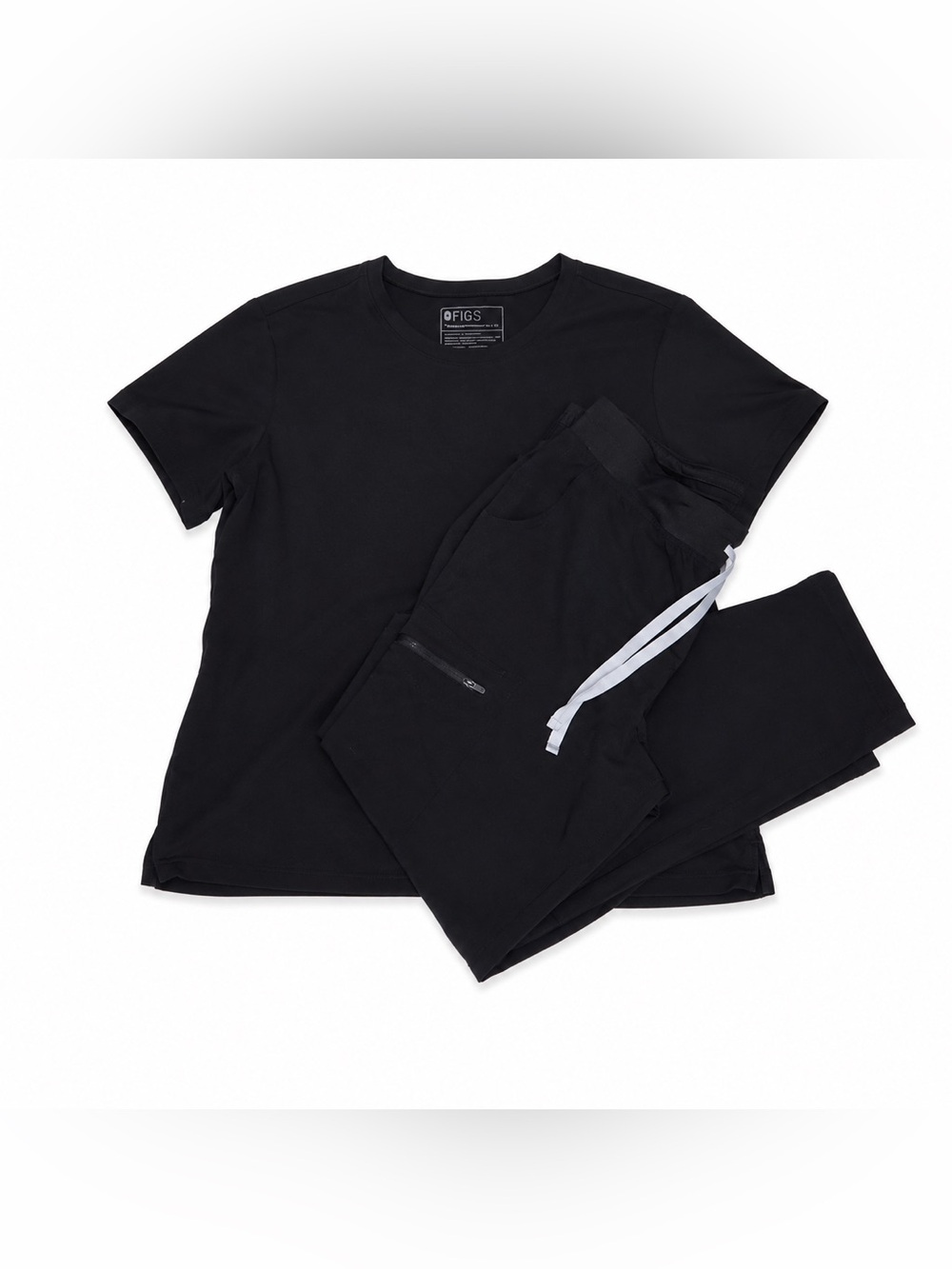 Figs Large Petite Black Medical Scrub Set with White Drawstrings